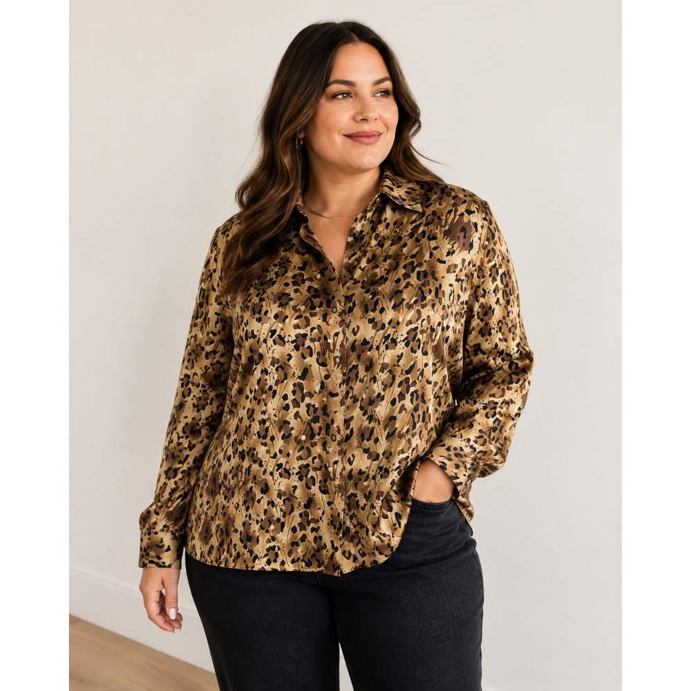 Silk Leopard Print Blouse Womens Large Animal Print Button Down